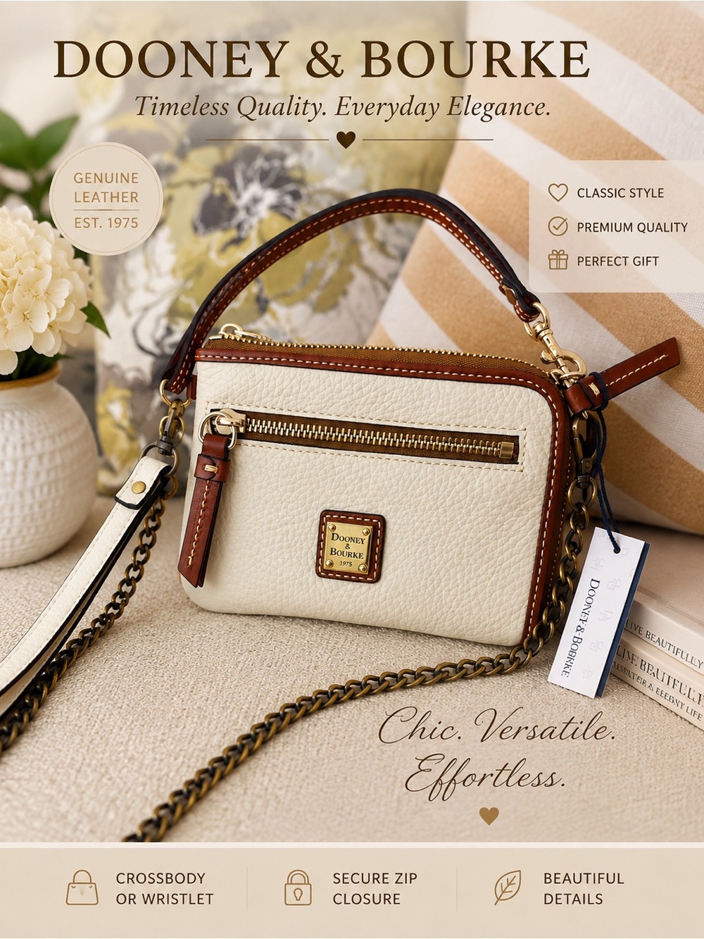 Dooney & Bourke Pebble Grain Camera Zip Crossbody Wristlet Bone Cream ZR120